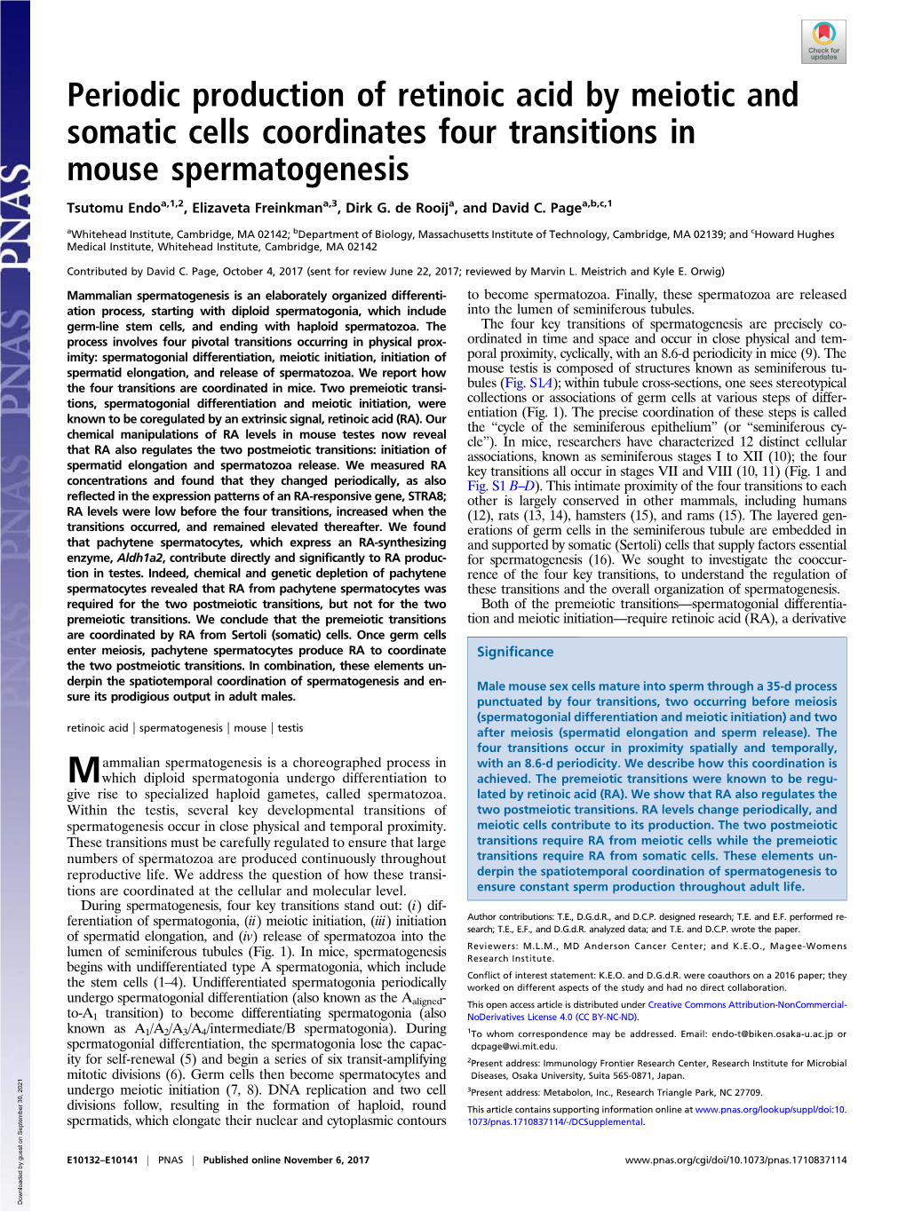 Periodic Production of Retinoic Acid by Meiotic and Somatic Cells Coordinates Four Transitions in Mouse Spermatogenesis