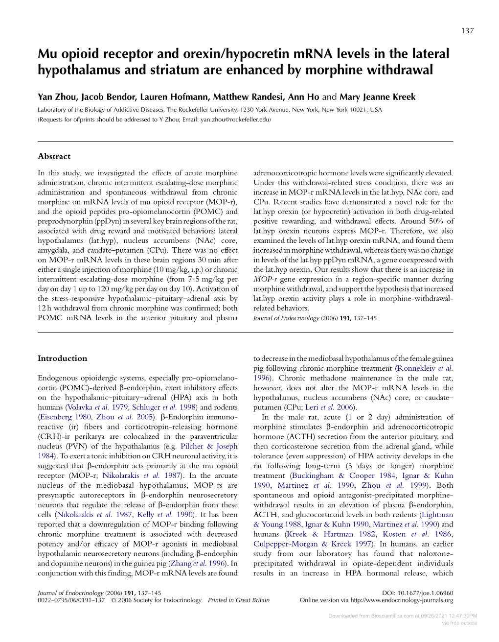 Mu Opioid Receptor and Orexin/Hypocretin Mrna Levels in the Lateral Hypothalamus and Striatum Are Enhanced by Morphine Withdrawal