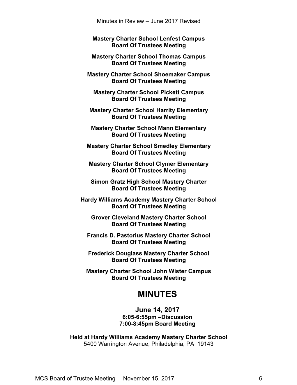 Mastery Charter Schools PA Board Minutes 2017.06.14