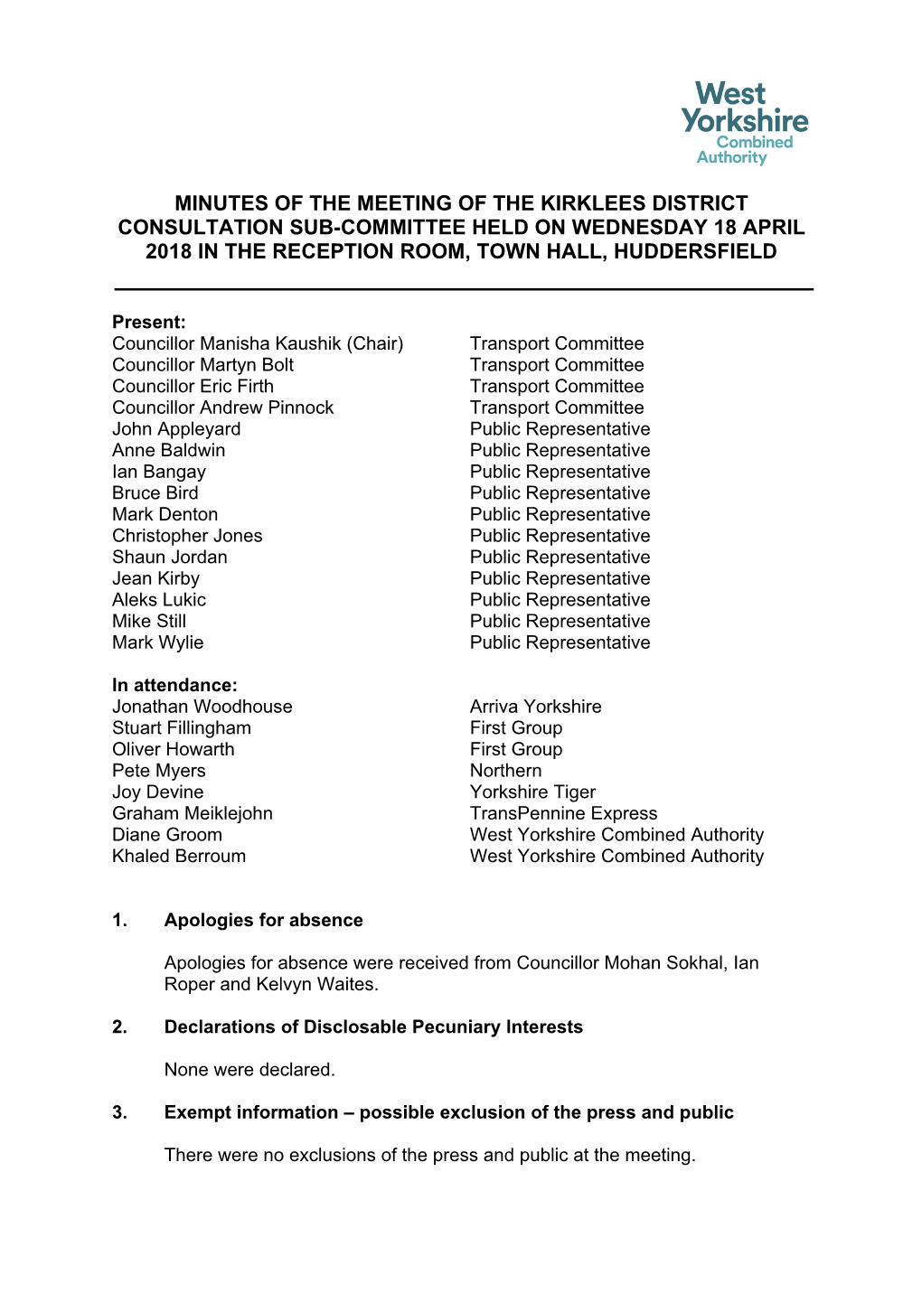 Minutes of the Meeting of the Kirklees District Consultation Sub-Committee Held on Wednesday 18 April 2018 in the Reception Room, Town Hall, Huddersfield