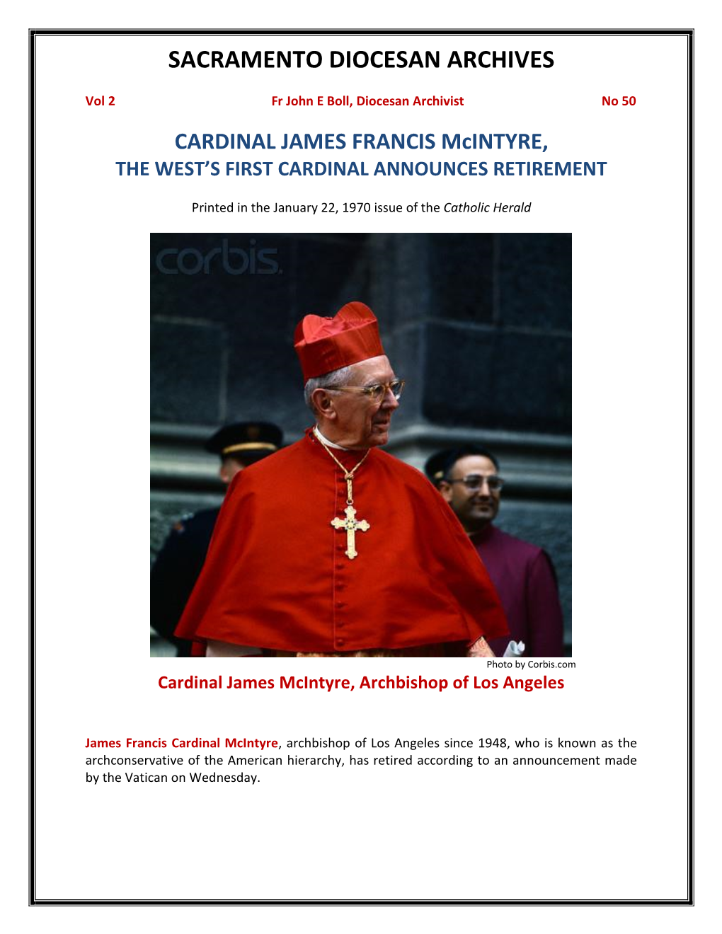 Vol 2, No 50 Cardinal James Mcintyre Retires