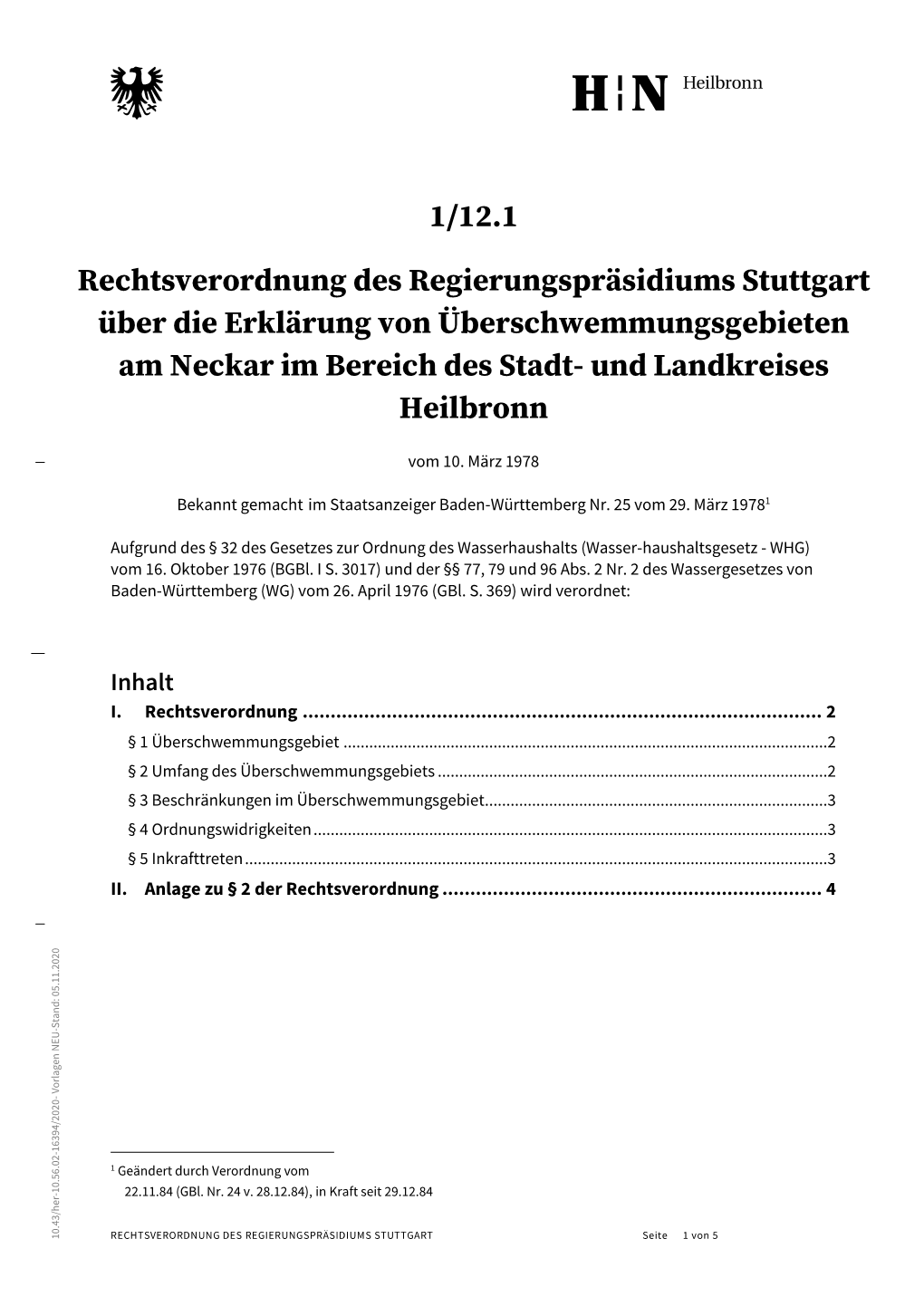 1/12.1 Rechtsverordnung Des Regierungspräsidiums Stuttgart Über Die Erklärung Von Überschwemmungsgebieten Am Neckar Im