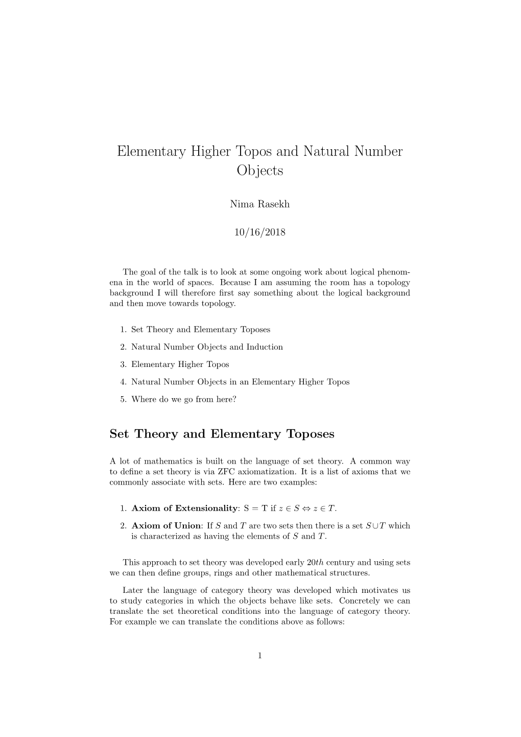 Elementary Higher Topos and Natural Number Objects