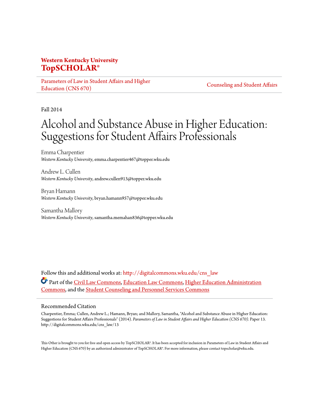 Alcohol and Substance Abuse in Higher Education