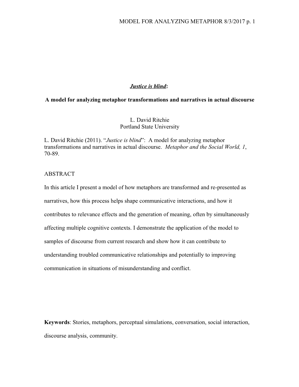 A Model For Analyzing Metaphor Transformations And Narratives In Actual Discourse