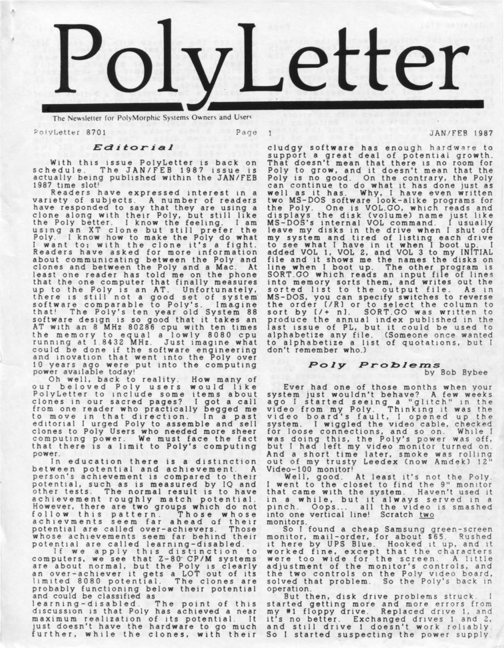 Polyletter 8701 Page with This Issue Polyletter Is Back on Schedule. The