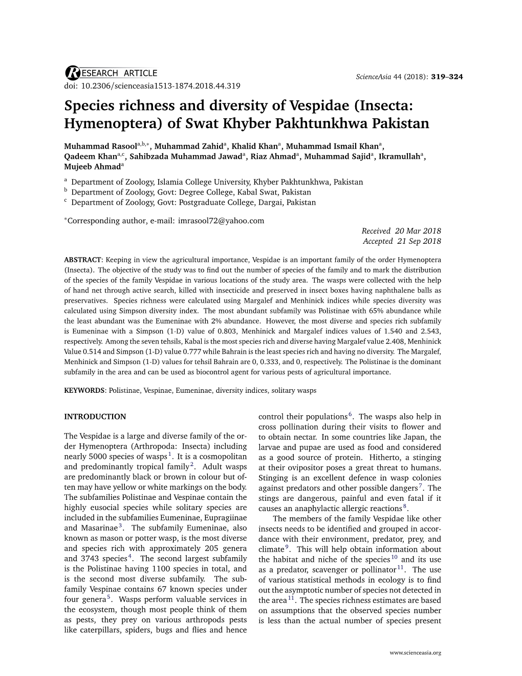 Species Richness and Diversity of Vespidae (Insecta: Hymenoptera) of Swat Khyber Pakhtunkhwa Pakistan