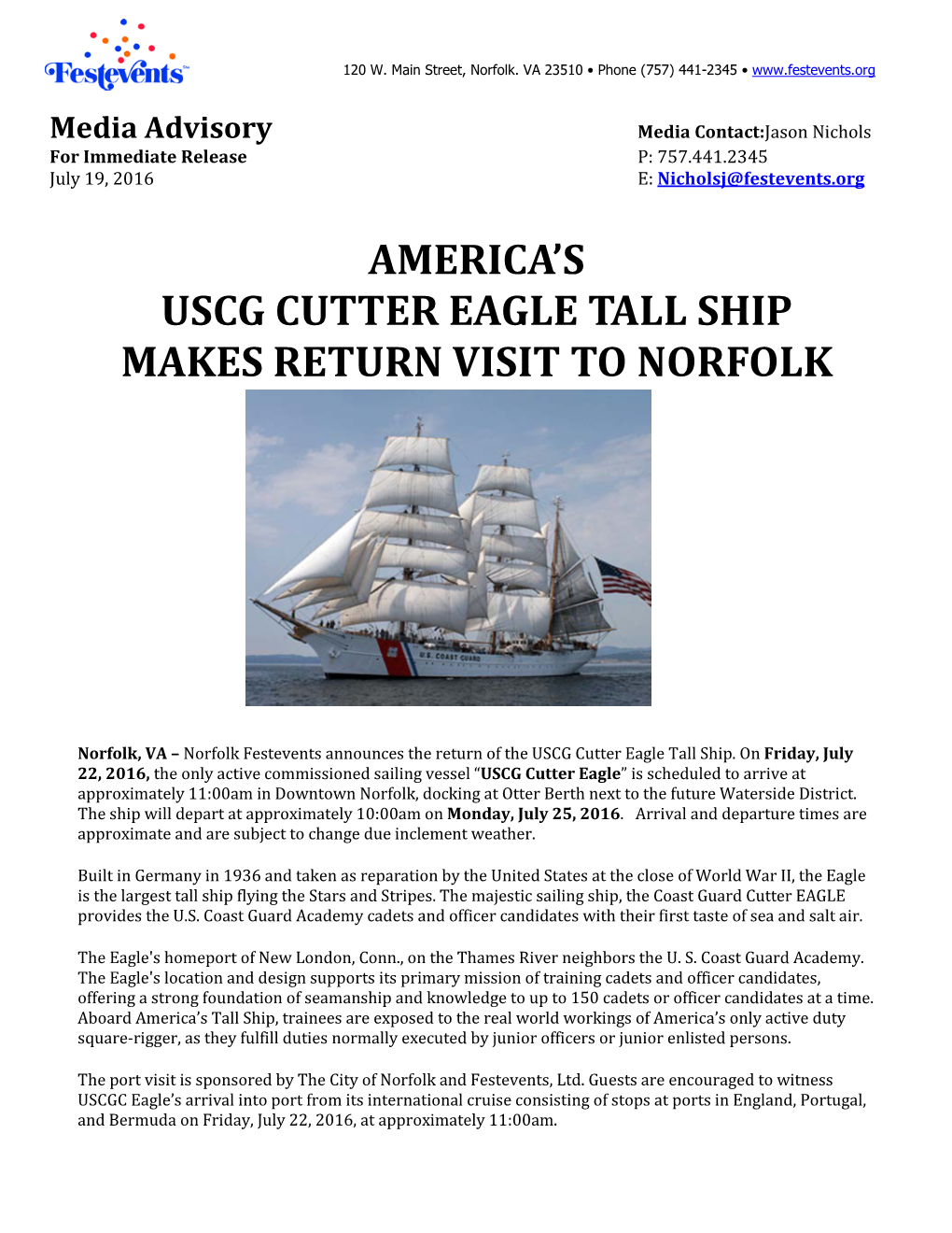 Norfolk Festevents Announces the Return of the USCG Cutter Eagle Tall Ship