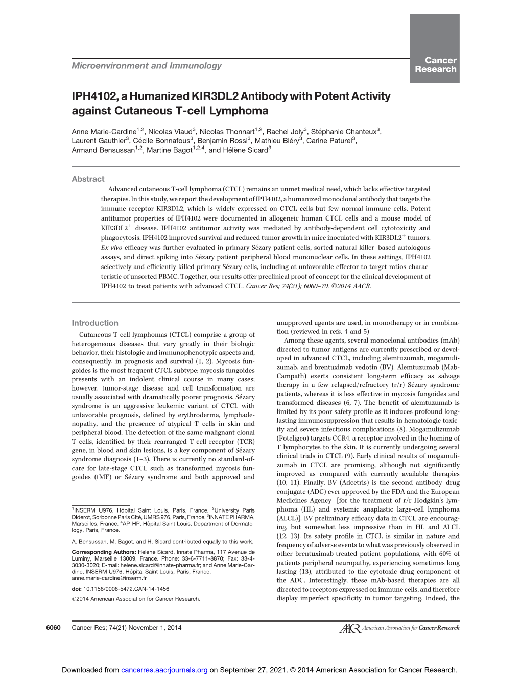 IPH4102, a Humanized KIR3DL2 Antibody with Potent Activity Against Cutaneous T-Cell Lymphoma