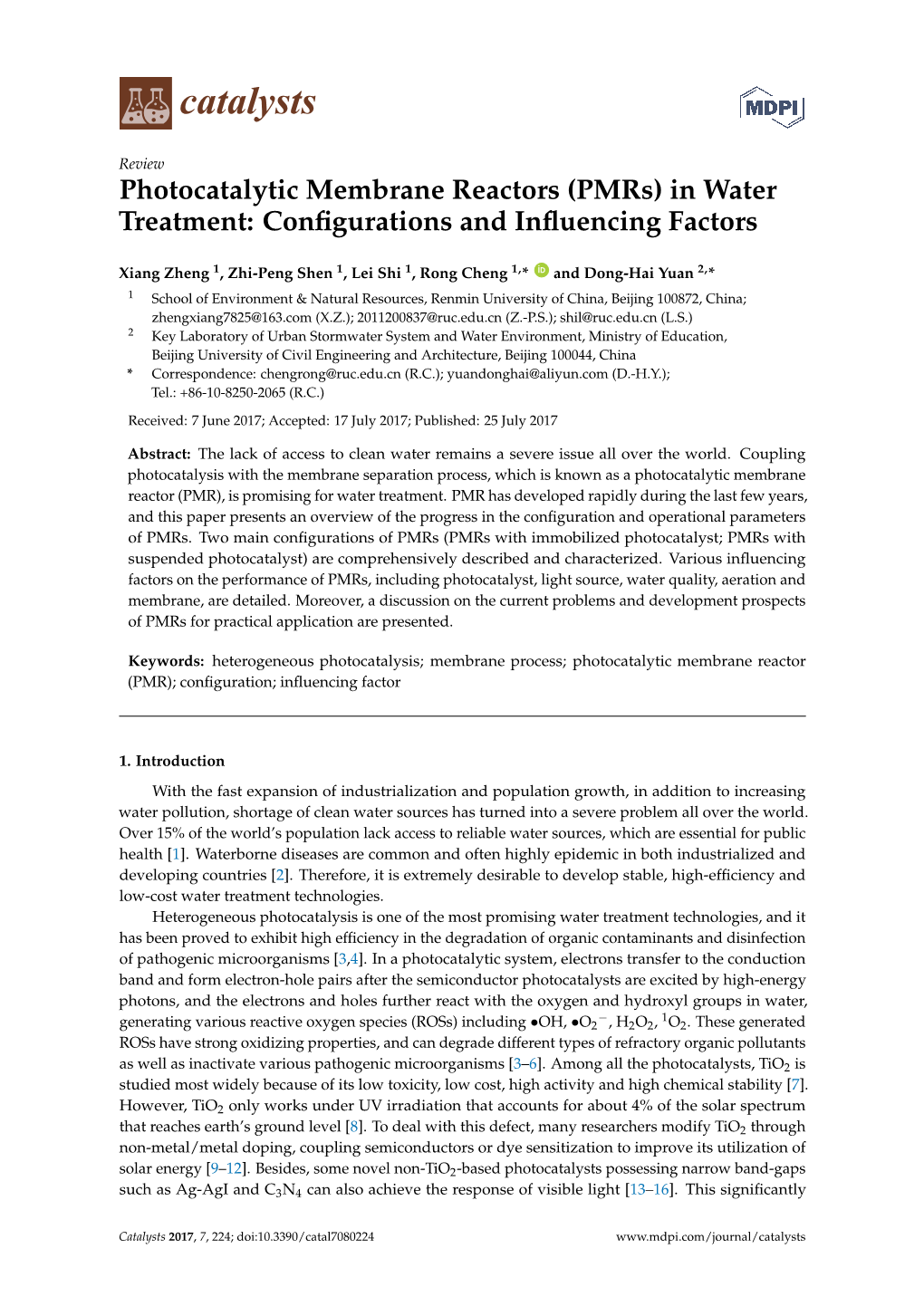 Photocatalytic Membrane Reactors (Pmrs) in Water Treatment: Conﬁgurations and Inﬂuencing Factors