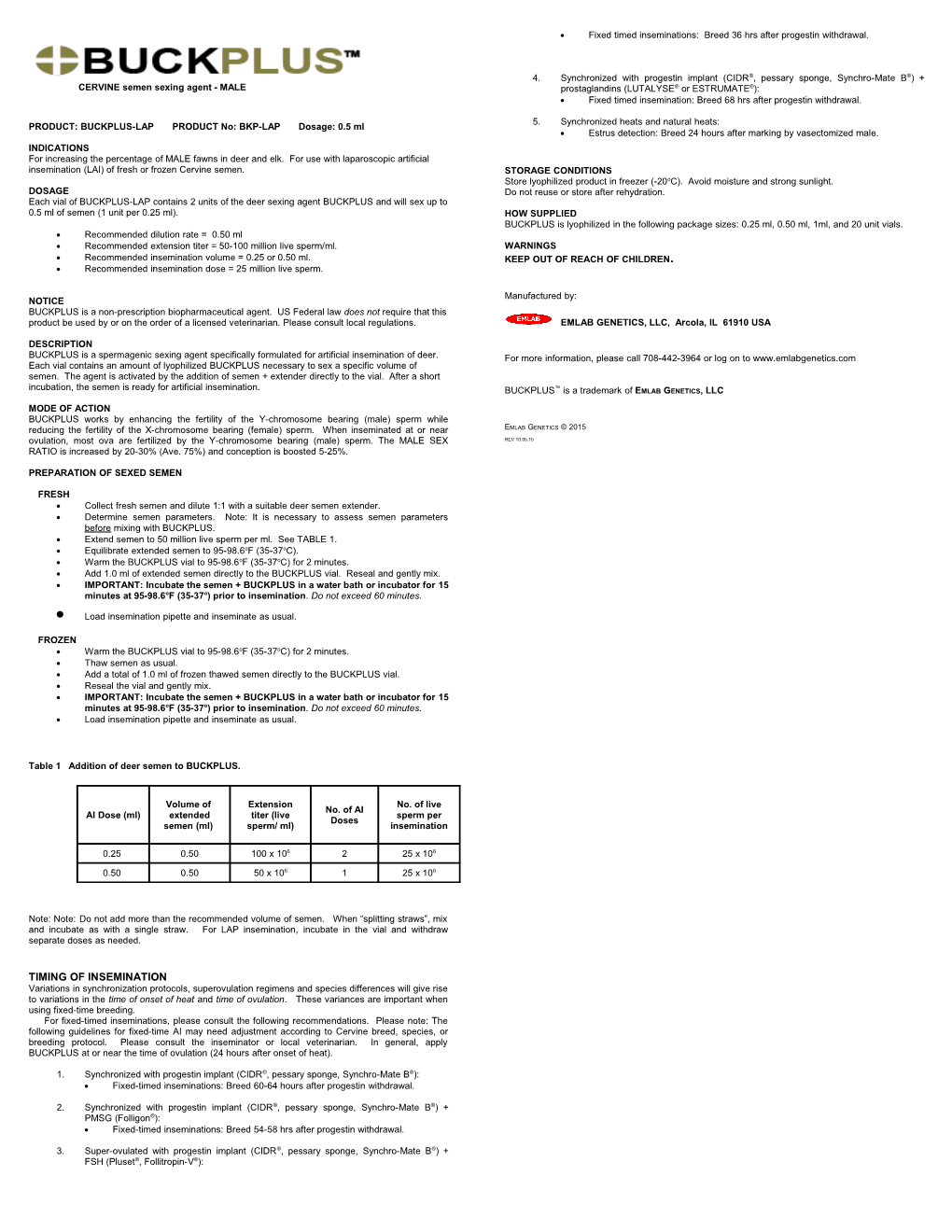 PRODUCT: BUCKPLUS-LAP PRODUCT No: BKP-LAP Dosage: 0.5 Ml