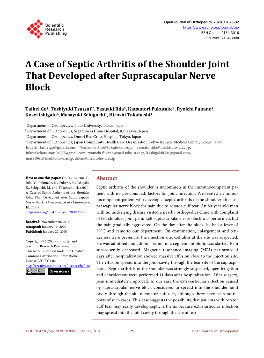 A Case of Septic Arthritis of the Shoulder Joint That Developed After Suprascapular Nerve Block