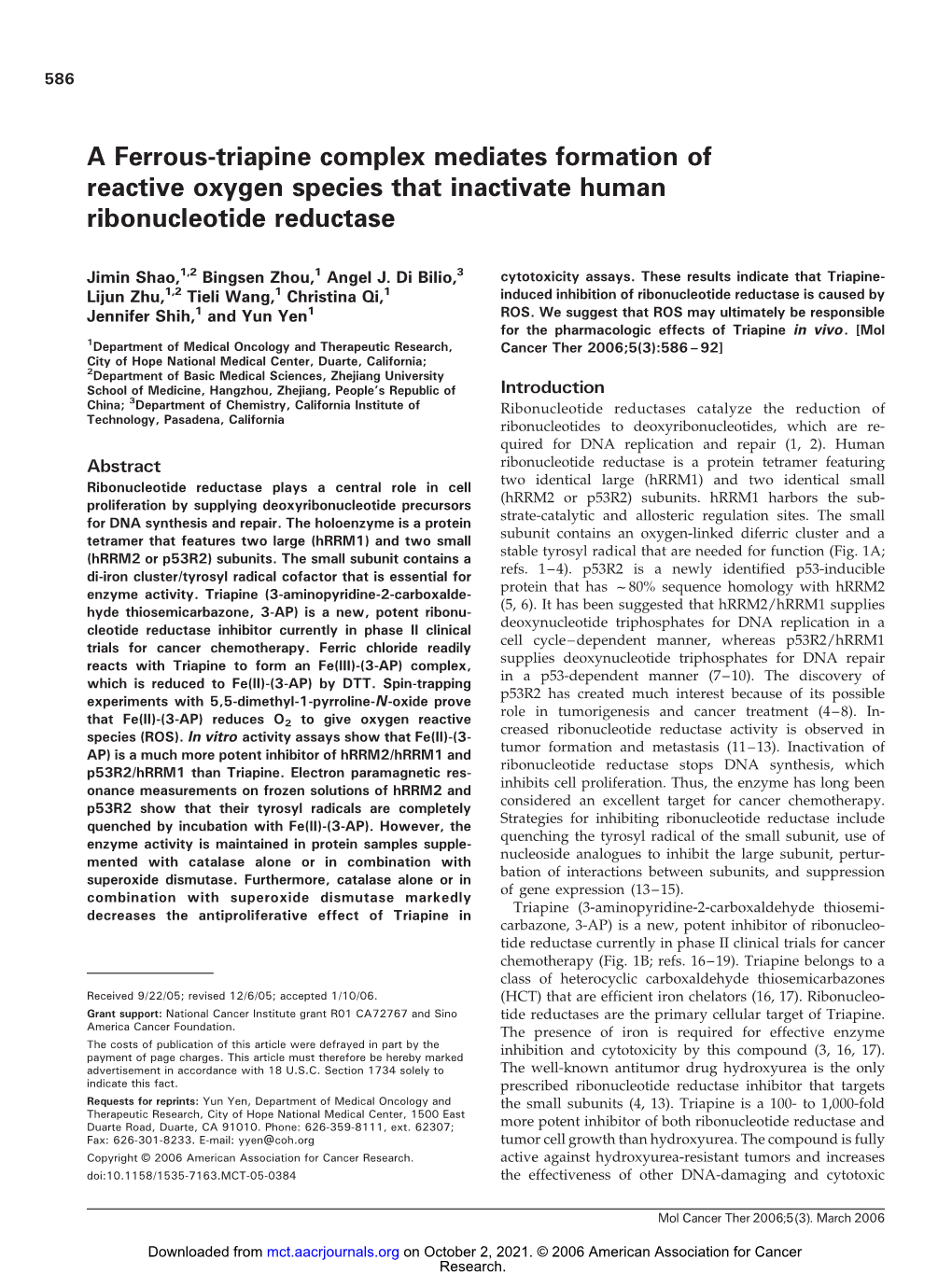 A Ferrous-Triapine Complex Mediates Formation of Reactive Oxygen Species That Inactivate Human Ribonucleotide Reductase