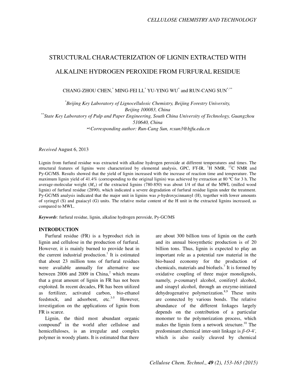 Structural Characterization of Lignin Extracted With