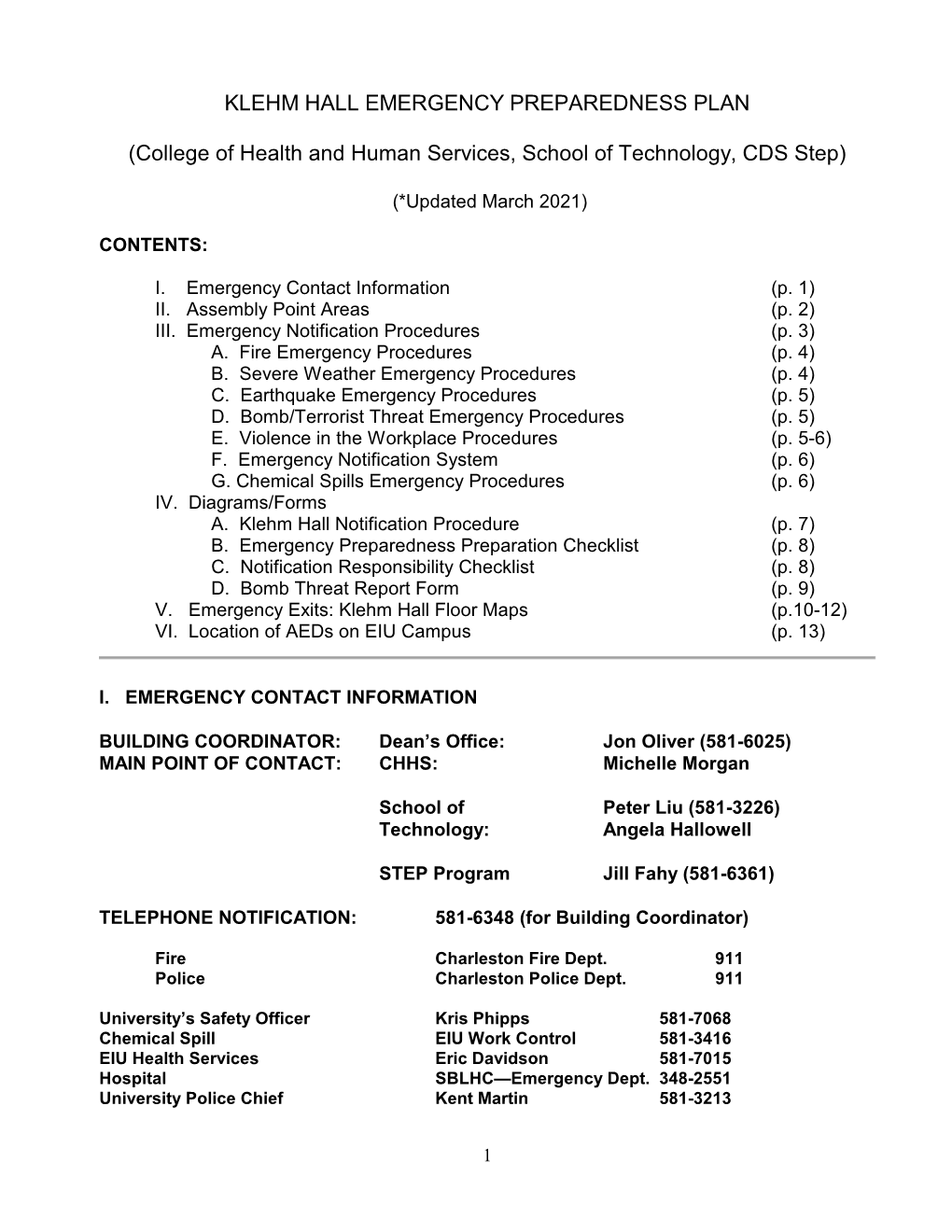 KLEHM HALL EMERGENCY PREPAREDNESS PLAN (College