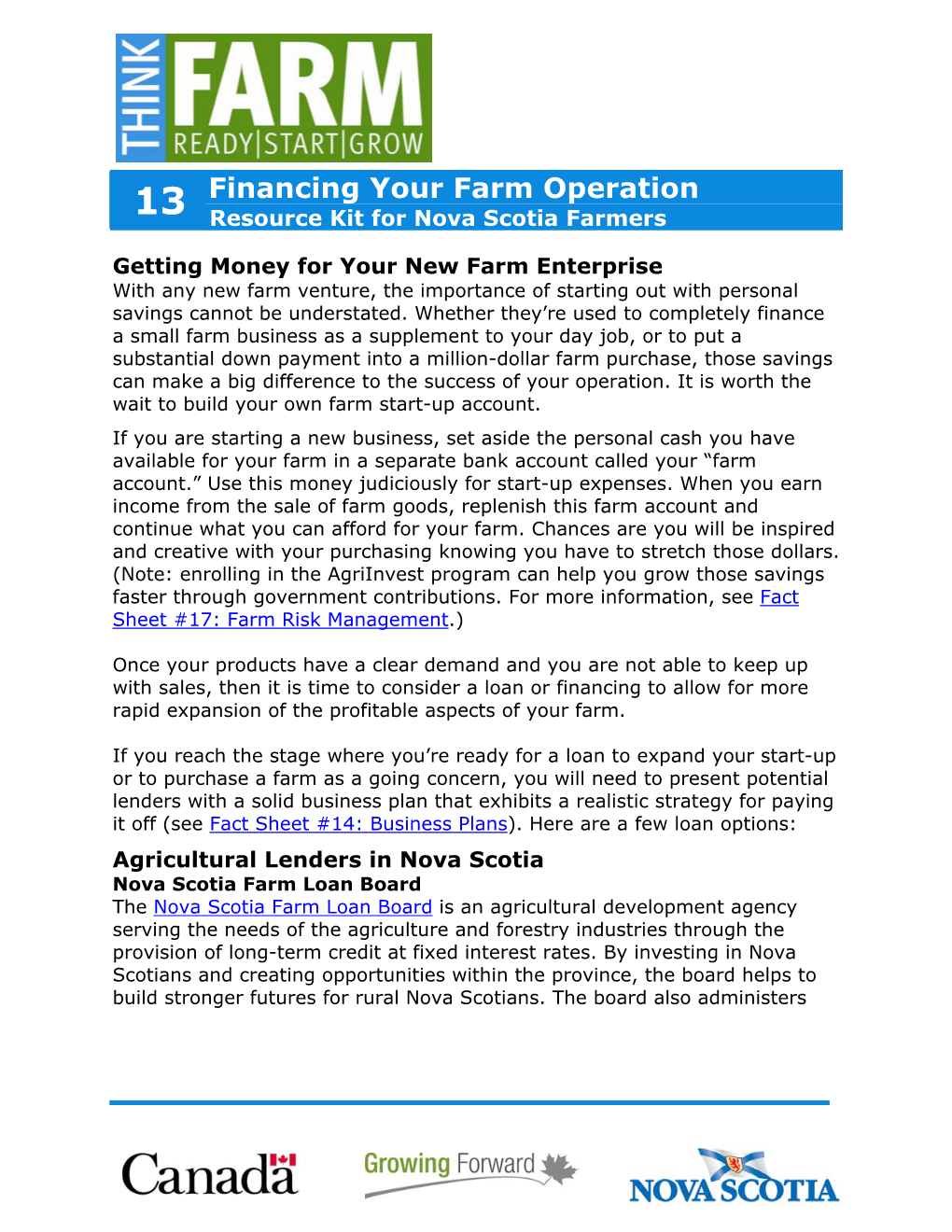 Financing Your Farm Operation 13 Resource Kit for Nova Scotia Farmers
