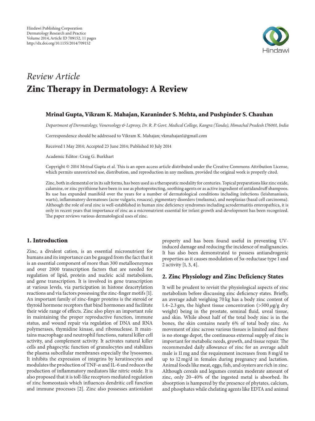 Zinc Therapy in Dermatology: a Review