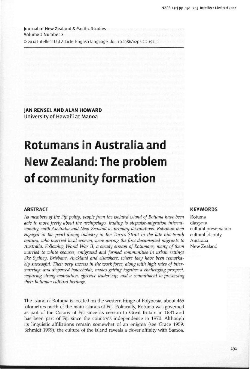 Rotumans in Australia and New Zealand: the Problem of Community Formation