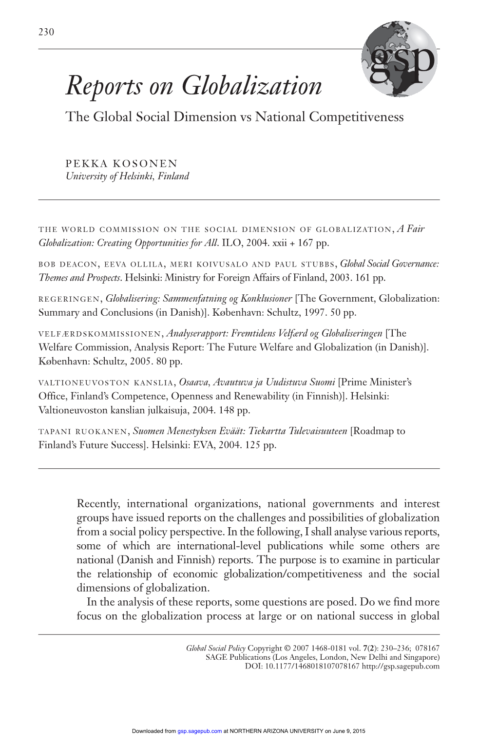 Reports on Globalization the Global Social Dimension Vs National Competitiveness