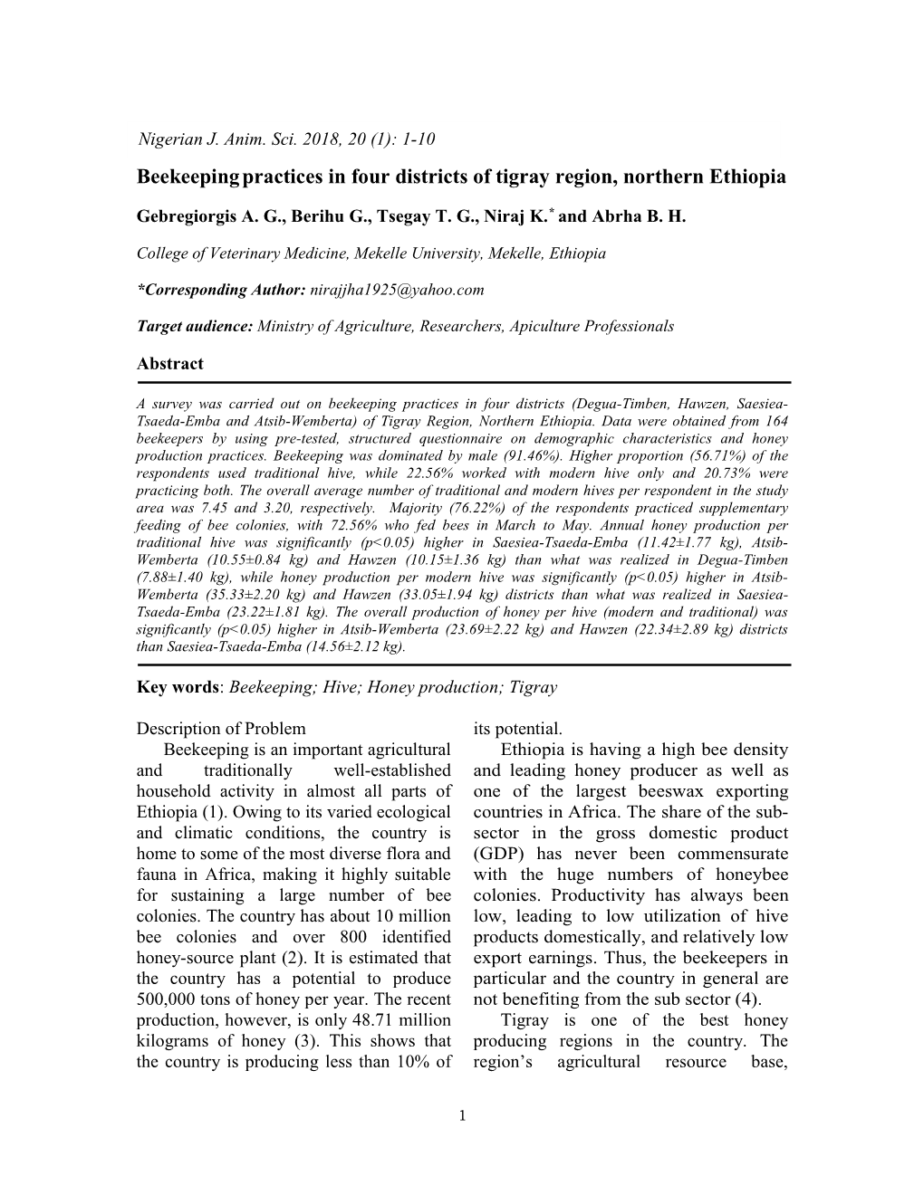 Beekeepingpractices in Four Districts of Tigray Region, Northern Ethiopia