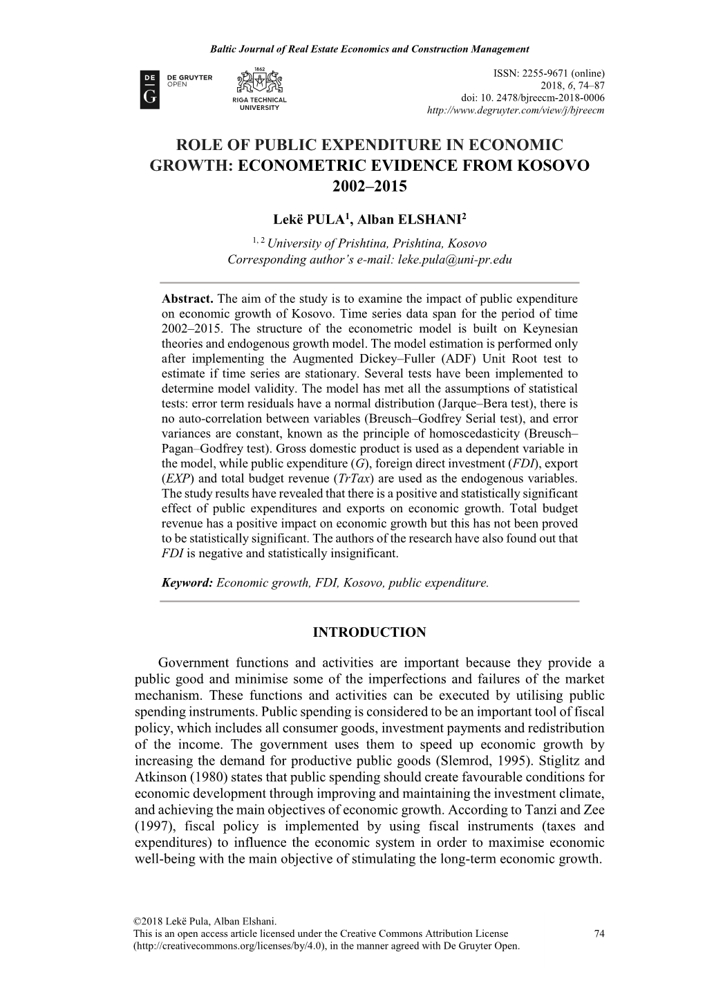 Role of Public Expenditure in Economic Growth: Econometric Evidence from Kosovo 2002–2015