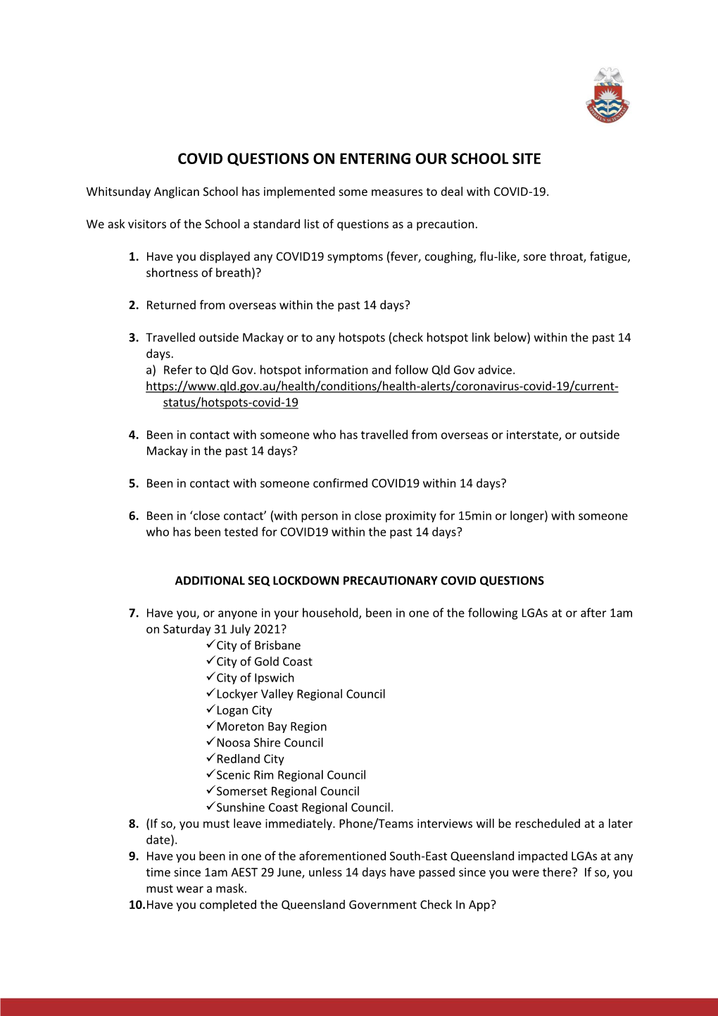 Updated COVID-19 Questions on Entering Our School Site 31 July 2021