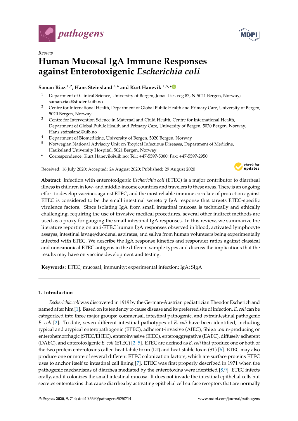 Human Mucosal Iga Immune Responses Against Enterotoxigenic Escherichia Coli