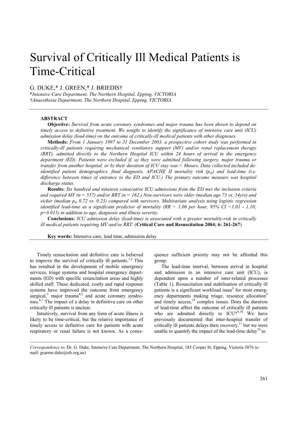 Survival of Critically Ill Medical Patients Is Time-Critical