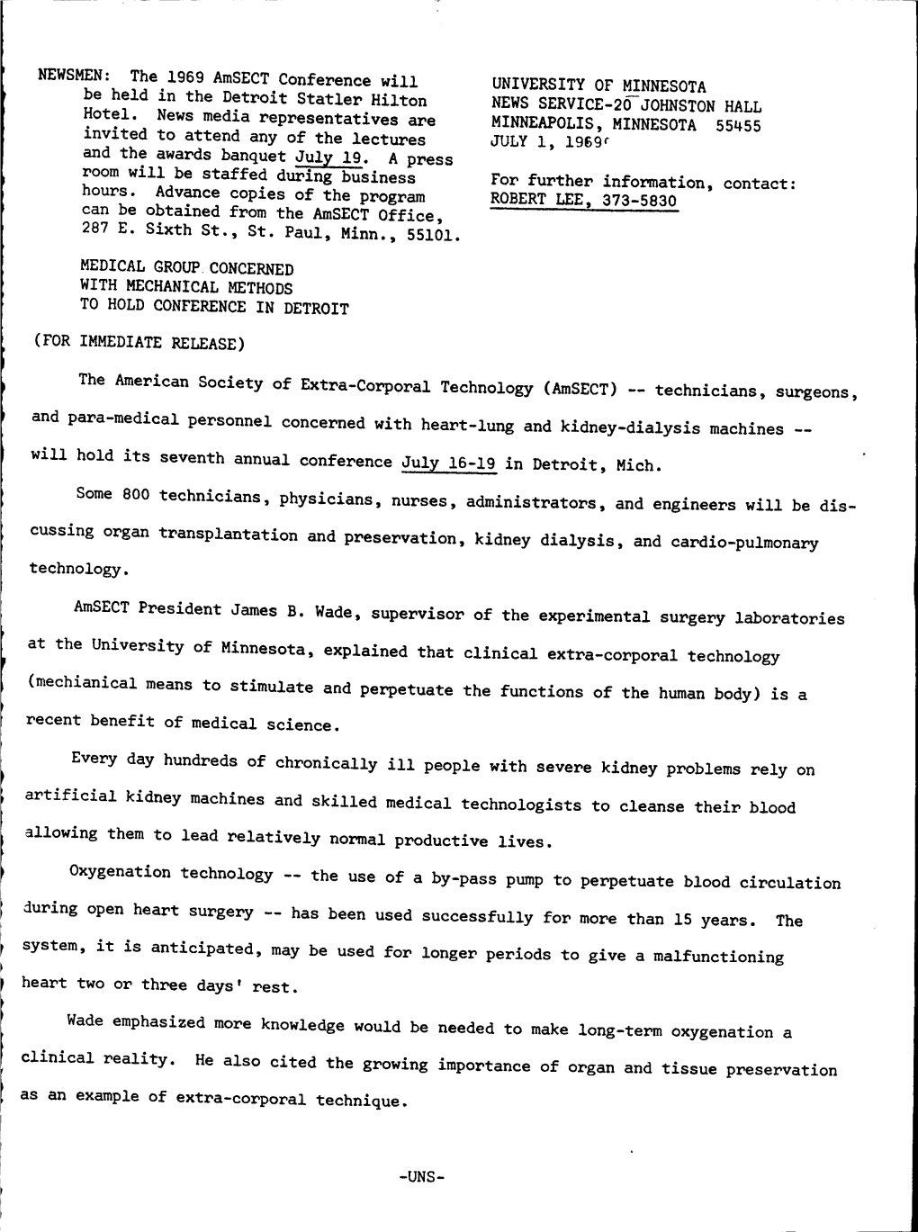 The 1969 Amsect Conference Will Be Held in the Detroit Statler Hilton