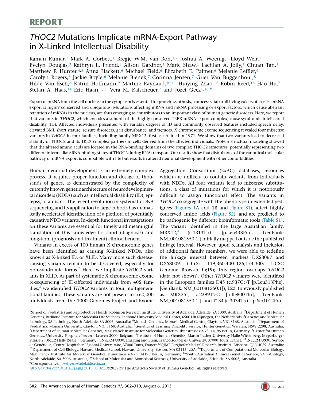 THOC2 Mutations Implicate Mrna-Export Pathway in X-Linked Intellectual Disability