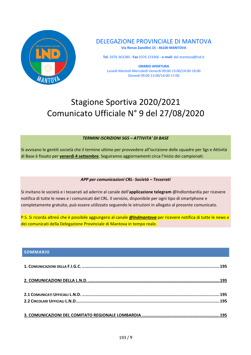 Stagione Sportiva 2020/2021 Comunicato Ufficiale N° 9 Del 27/08/2020