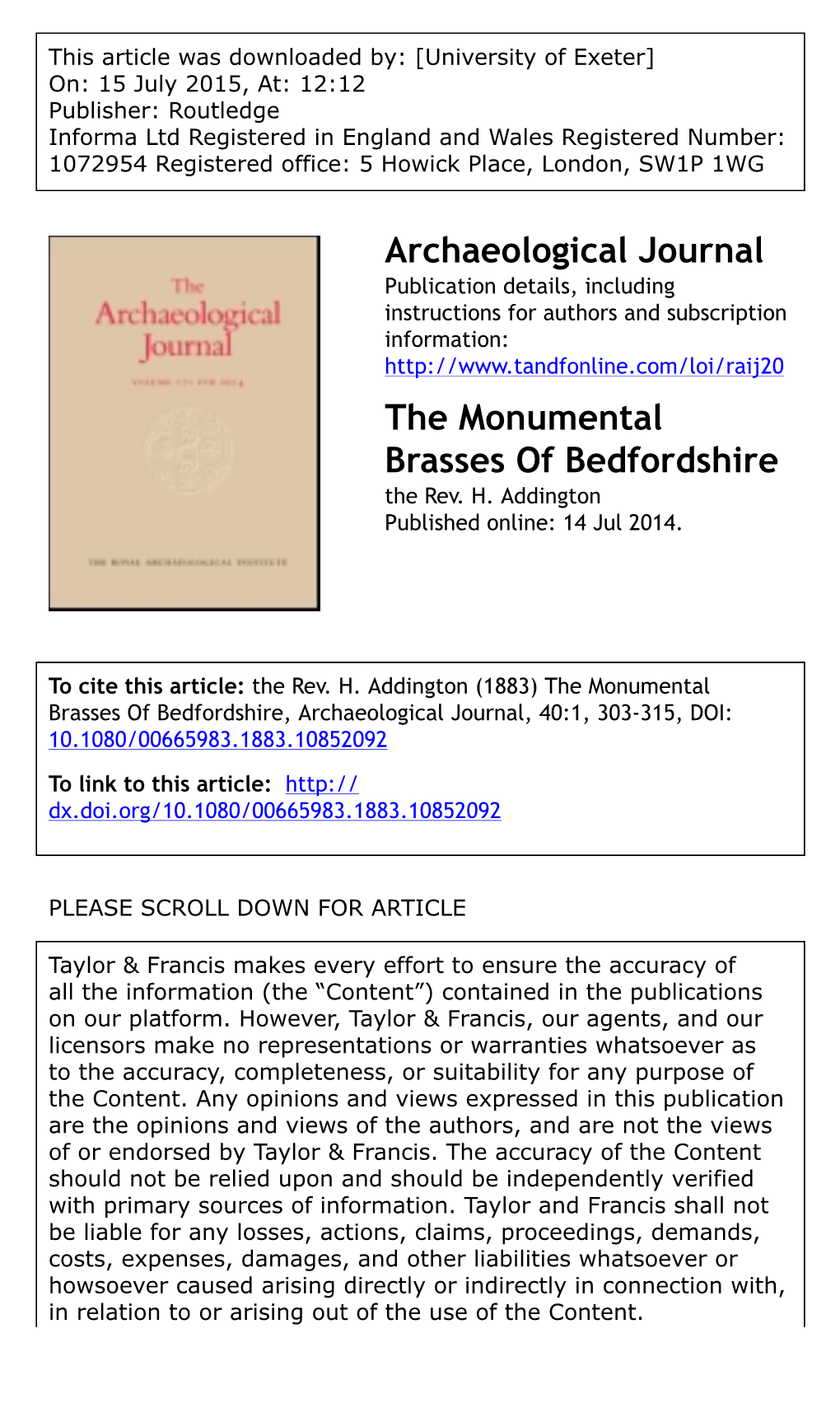 Archaeological Journal the Monumental Brasses of Bedfordshire