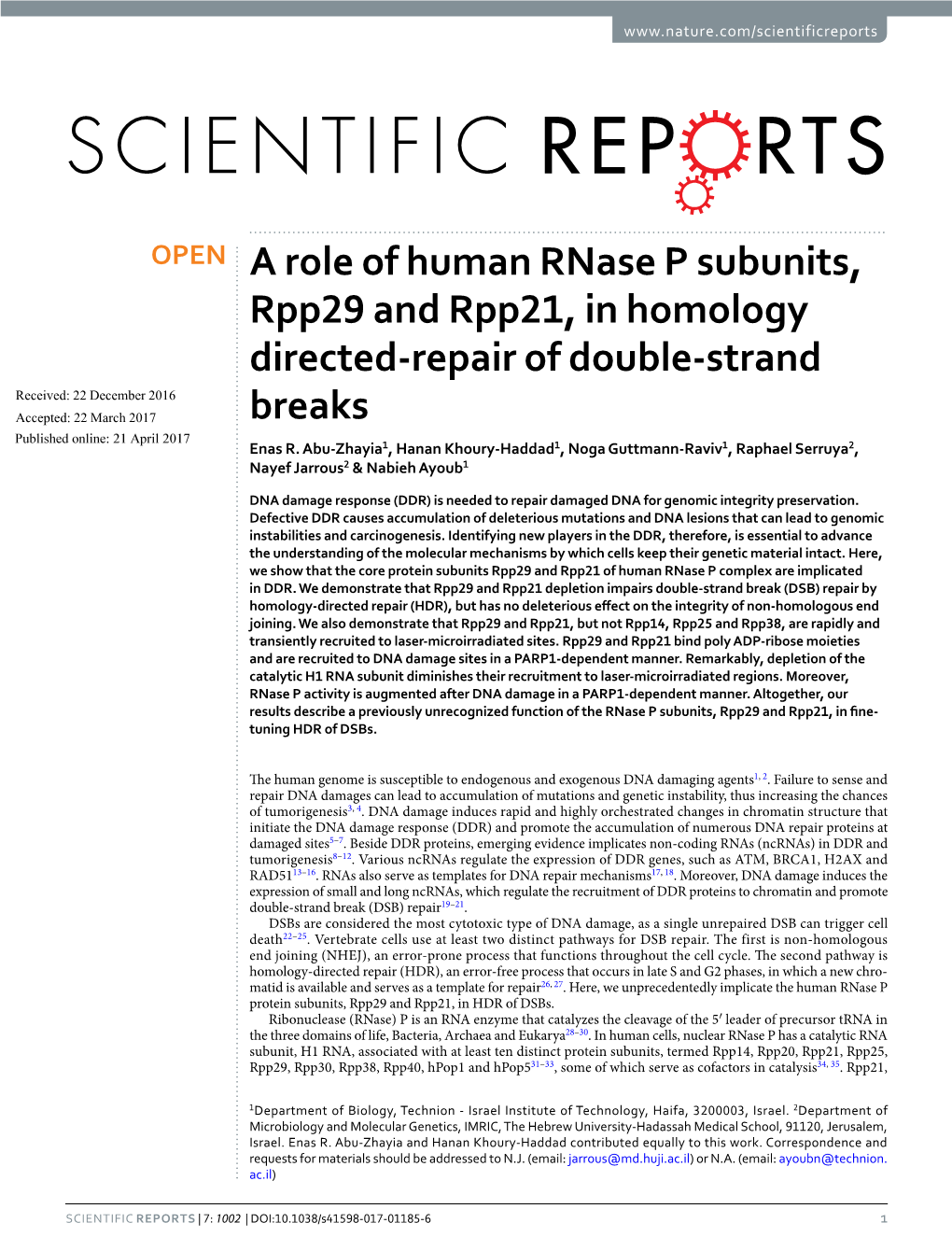 A Role of Human Rnase P Subunits, Rpp29 and Rpp21, in Homology