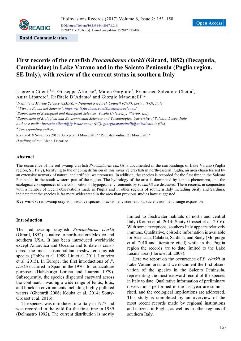 First Records of the Crayfish Procambarus Clarkii