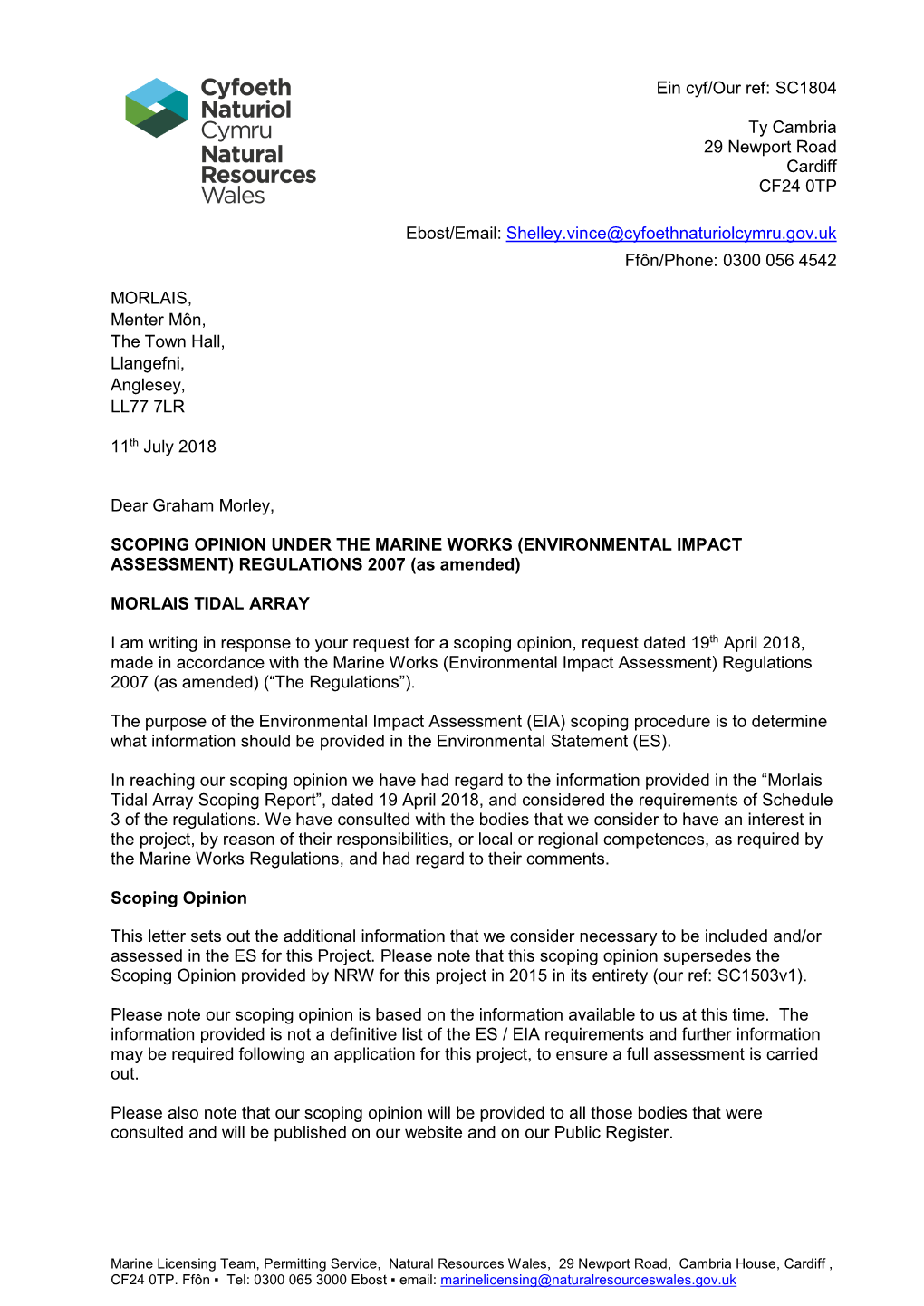 SC1804 Morlais Tidal Array Scoping Opinion
