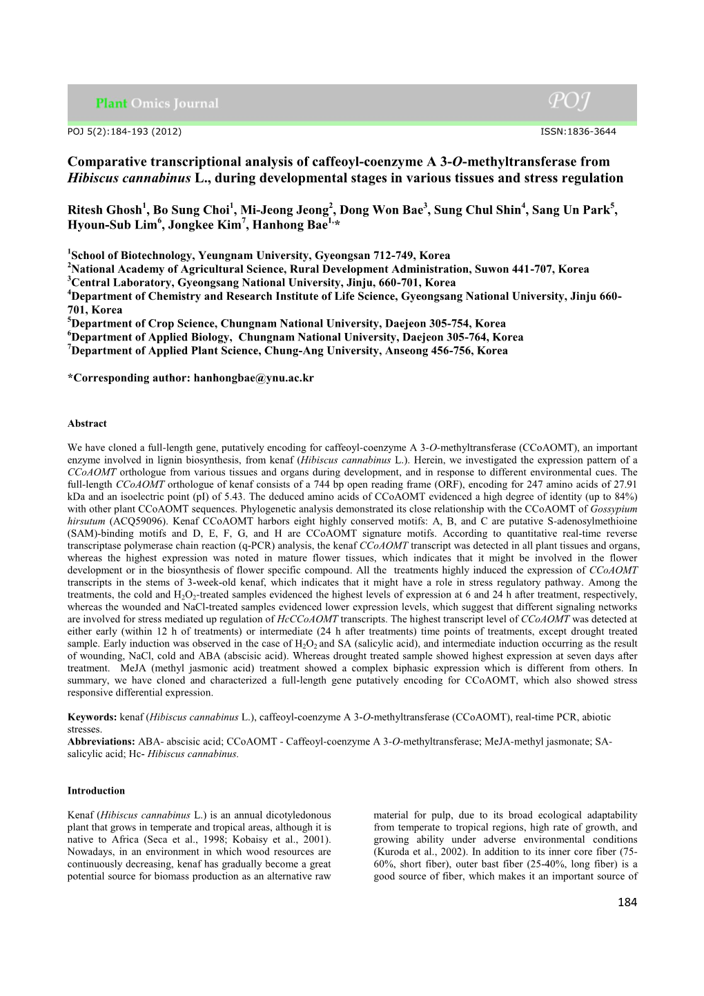 Comparative Transcriptional Analysis of Caffeoyl-Coenzyme a 3-O