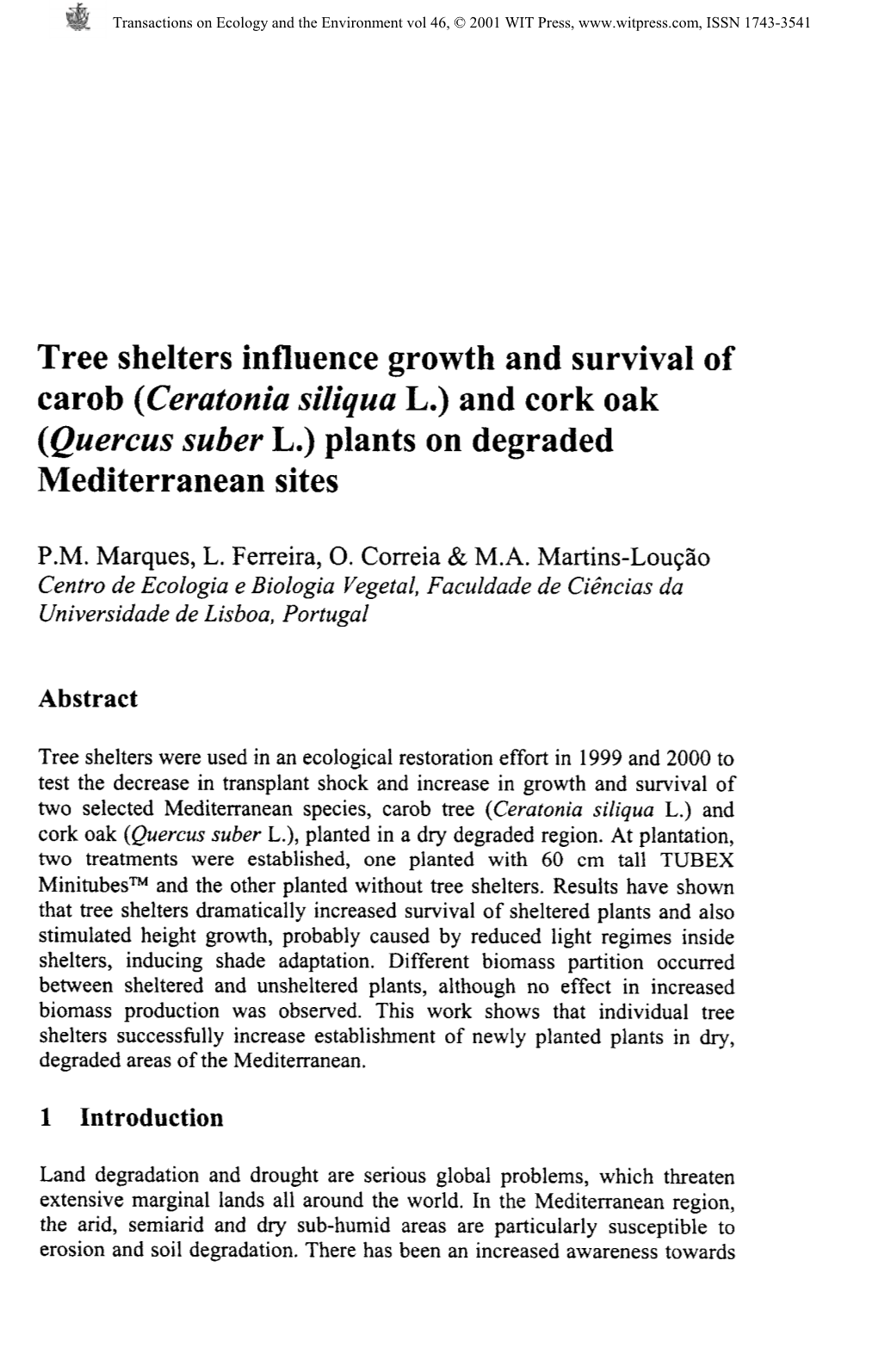 Tree Shelters Influence Growth and Survival of Carob (Ceratonia Siliqua L.) and Cork Oak