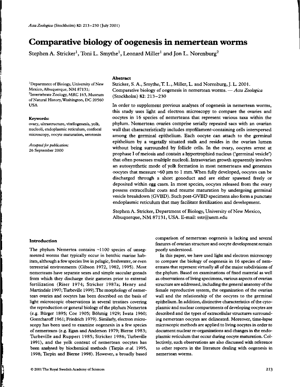 Comparative Biology of Oogenesis in Nemertean Worms Stephen A