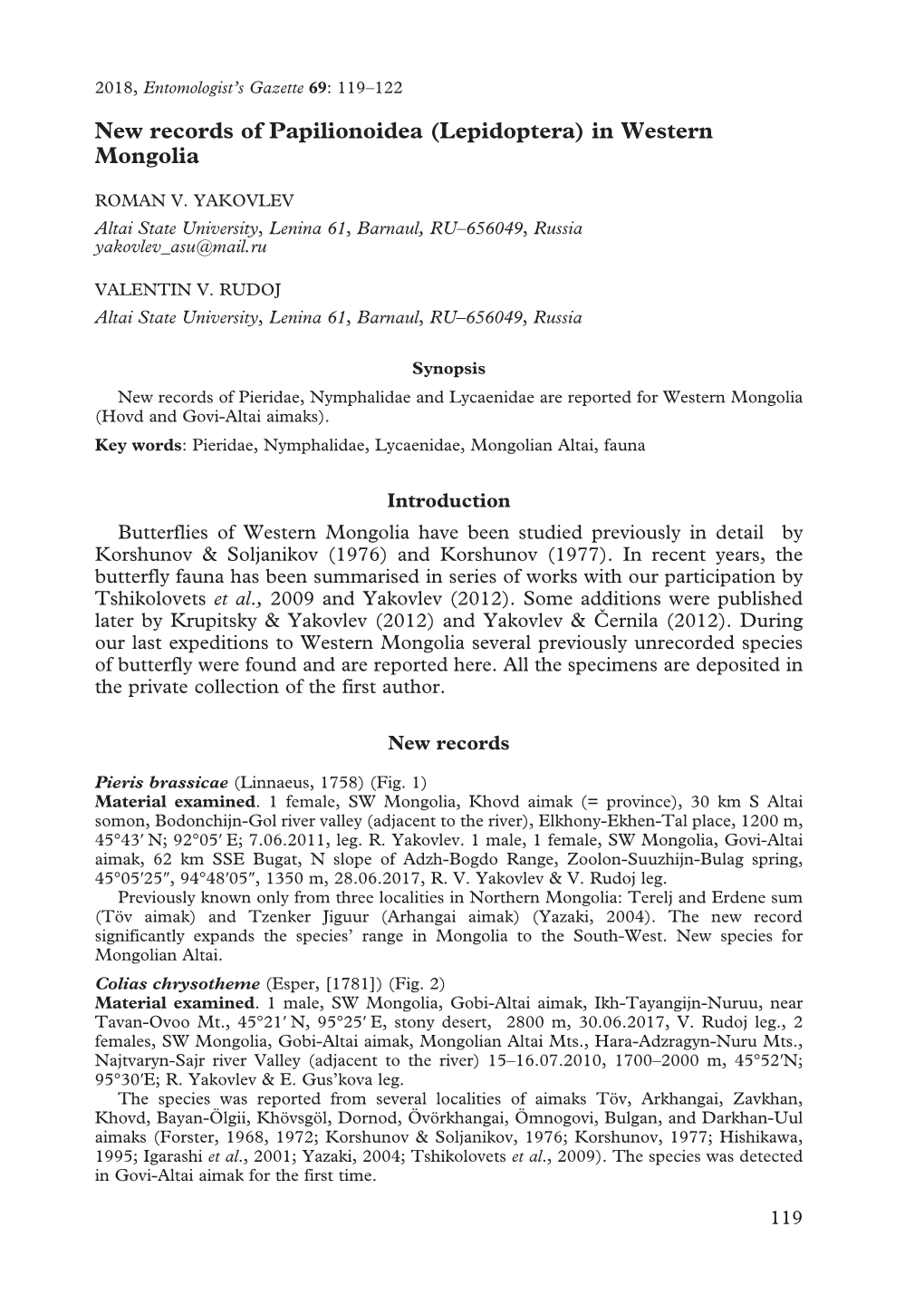 New Records of Papilionoidea (Lepidoptera) in Western Mongolia