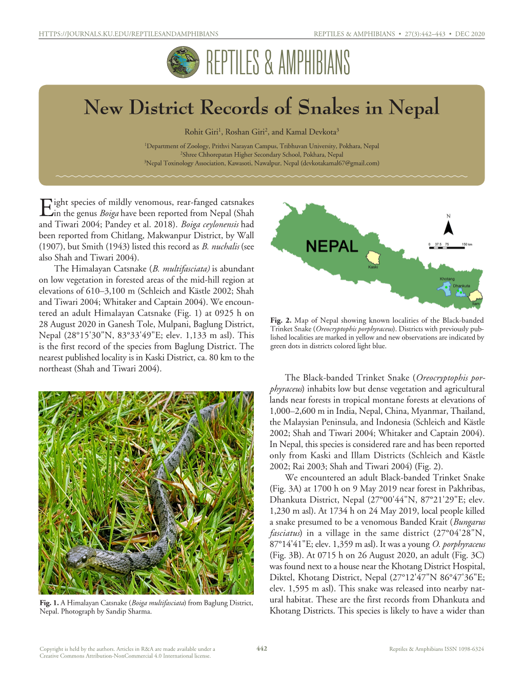 New District Records of Snakes in Nepal