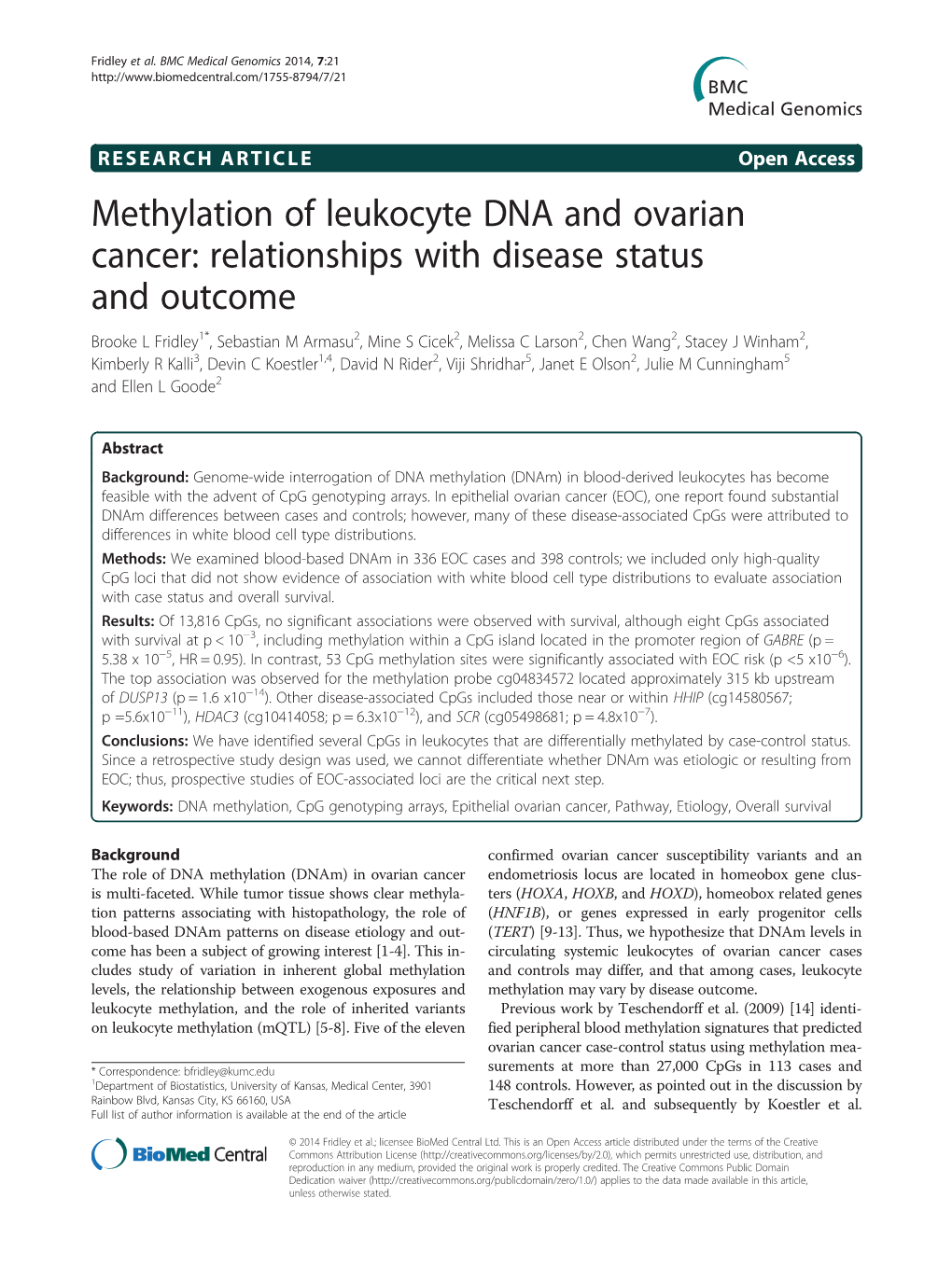 Methylation of Leukocyte DNA and Ovarian Cancer