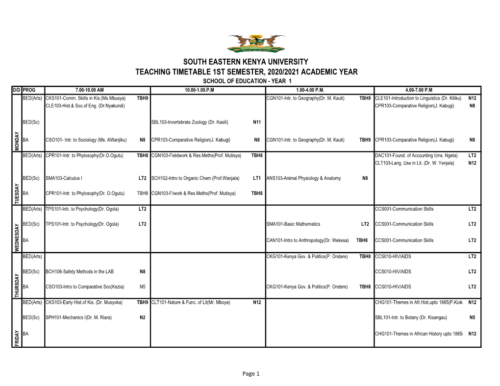 Teaching Timetable 1St Semester, 2020/2021 Academic Year School of Education - Year 1 D/D Prog 7.00-10.00 Am 10.00-1.00.P.M 1.00-4.00 P.M