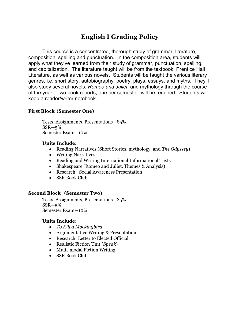 British Literature II Grading Policy