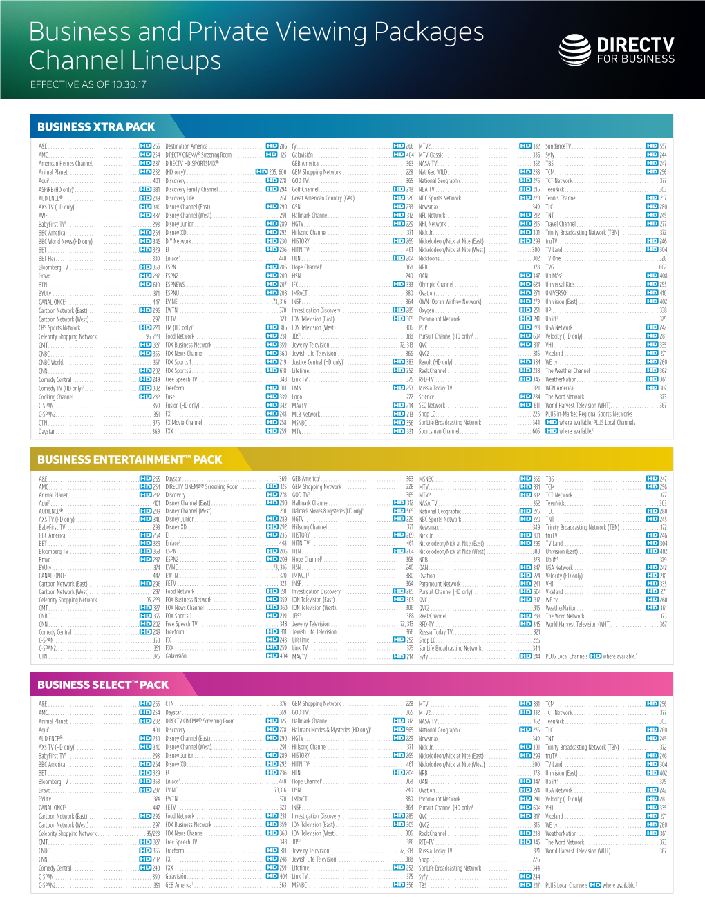 Business and Private Viewing Packages Channel Lineups EFFECTIVE AS of 10.30.17