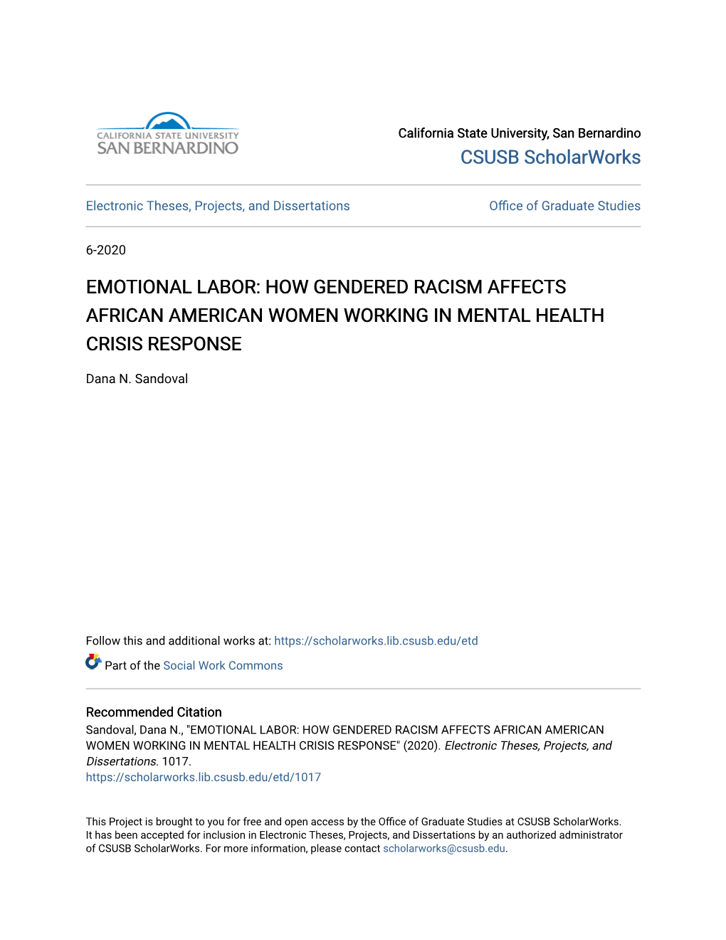 Emotional Labor: How Gendered Racism Affects African American Women Working in Mental Health Crisis Response