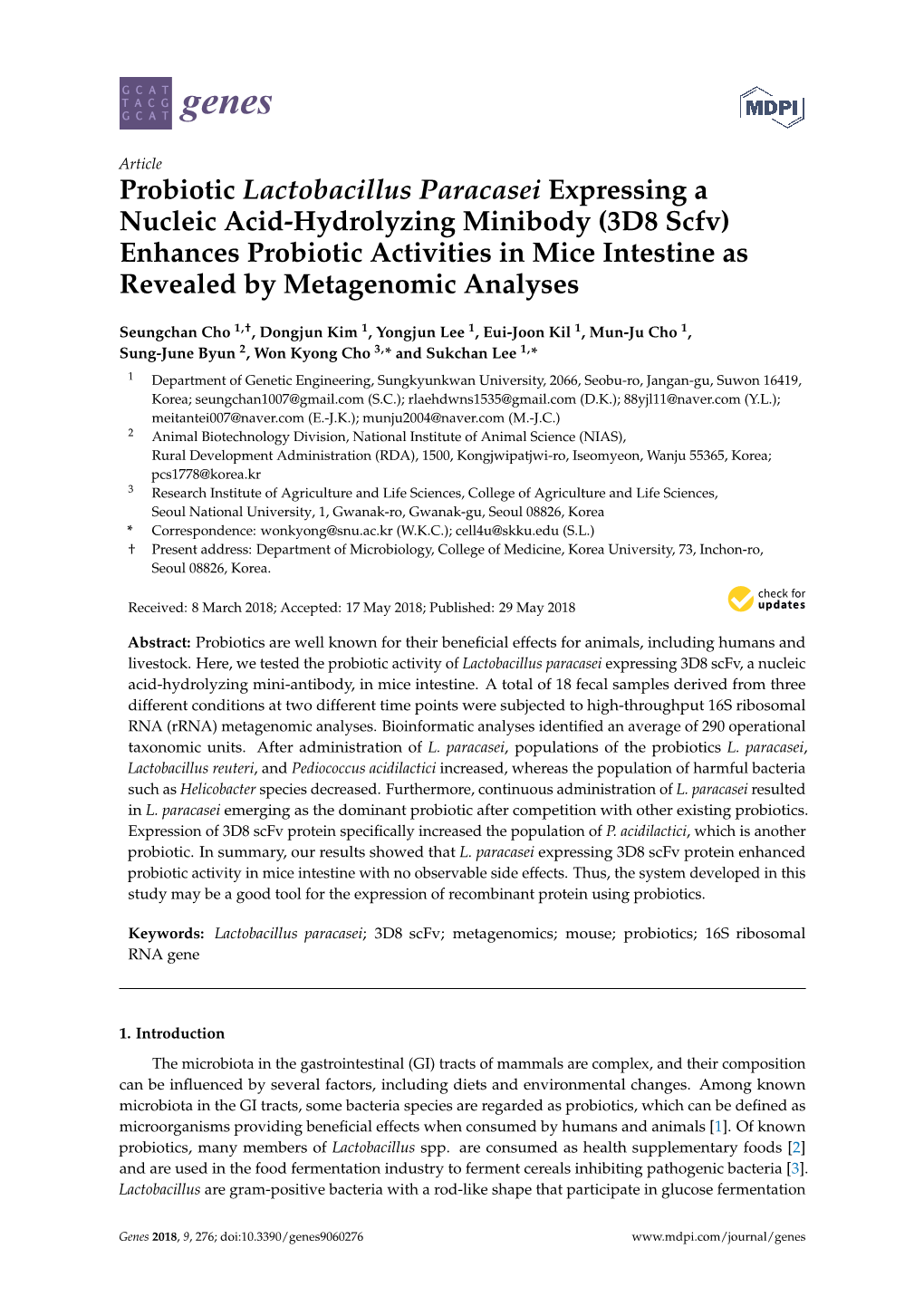 Probiotic Lactobacillus Paracasei Expressing a Nucleic Acid