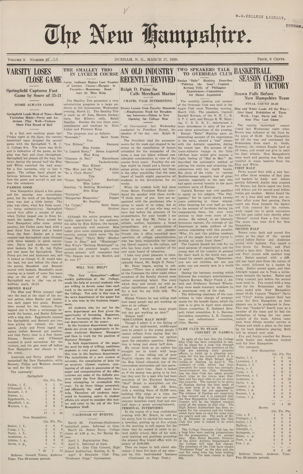 The New Hampshire, Vol. 9, No. 22 (Mar 17, 1920)