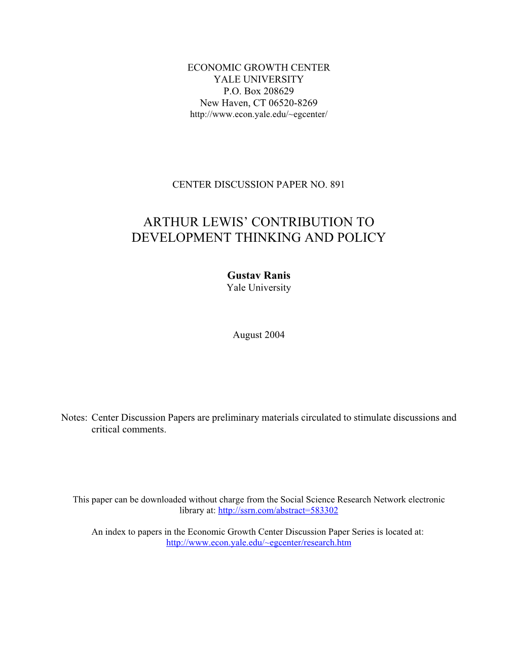 Arthur Lewis' Contribution to Development Thinking and Policy