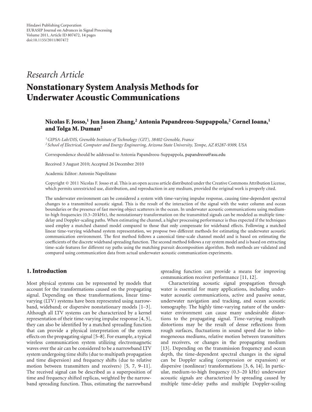 Research Article Nonstationary System Analysis Methods for Underwater Acoustic Communications