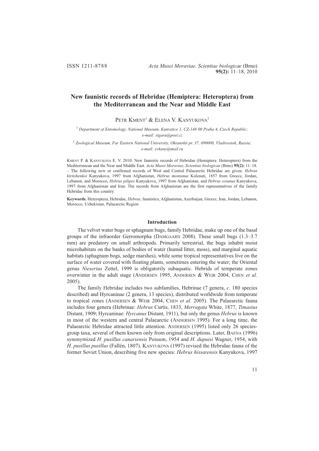 New Faunistic Records of Hebridae (Hemiptera: Heteroptera) from the Mediterranean and the Near and Middle East